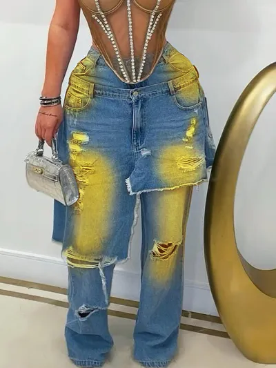 Women Fashion Casual Autumn Creative Spray-Painted Loose Elastic Stitching Fake Two-Piece Jeans