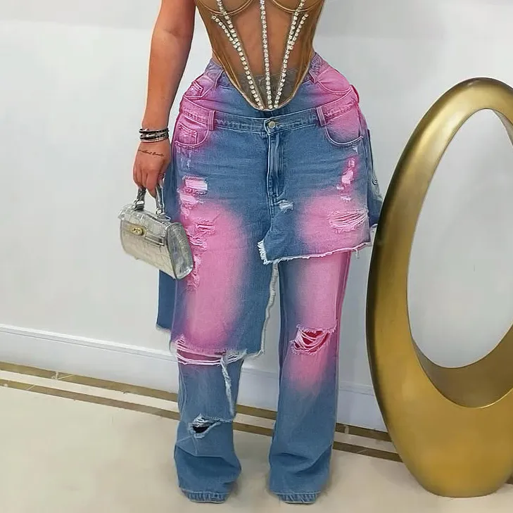 Women Fashion Casual Autumn Creative Spray-Painted Loose Elastic Stitching Fake Two-Piece Jeans