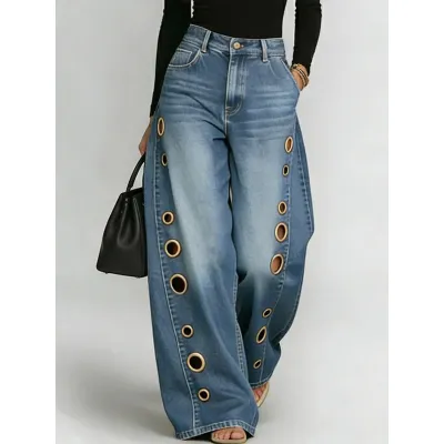 Women Fashion Casual Metal Eyelet Loose Wide Leg Jeans