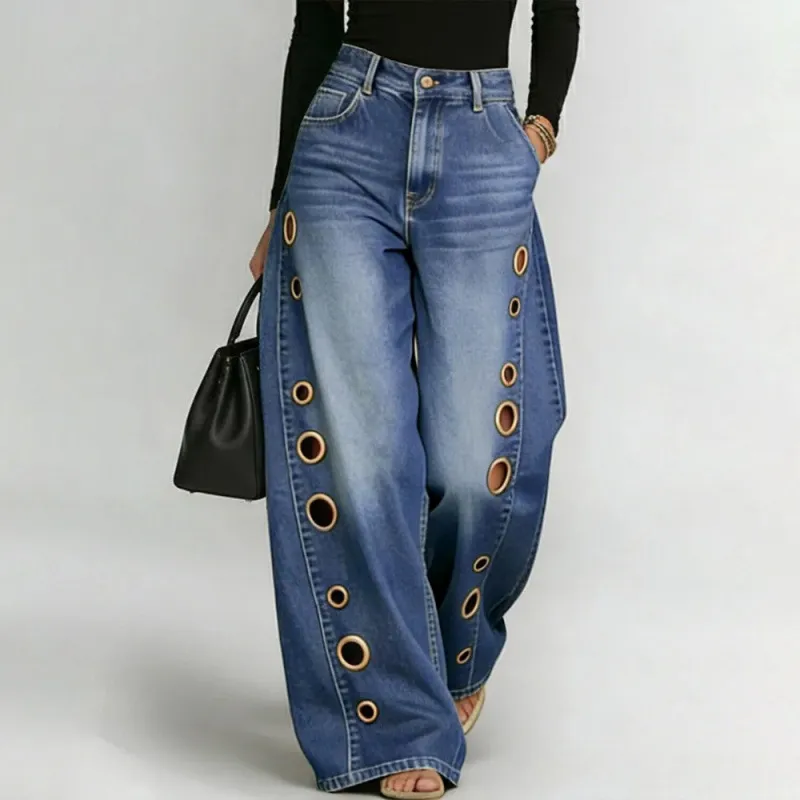 Women Fashion Casual Metal Eyelet Loose Wide Leg Jeans