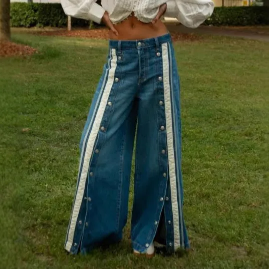 Women Fashion Retro Creative Color-Matching Split Wide Leg Jeans