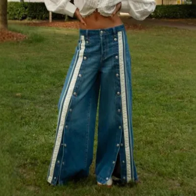 Women Fashion Retro Creative Color-Matching Split Wide Leg Jeans
