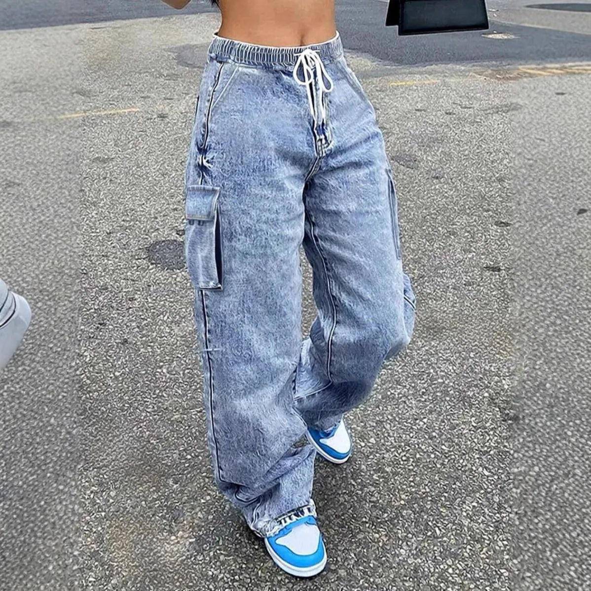 Women Fashion Casual Spring And Summer Waist Lace-Up Wide Leg Cargo Jeans