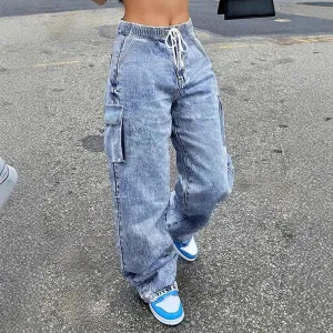 Women Fashion Casual Spring And Summer Waist Lace-Up Wide Leg Cargo Jeans