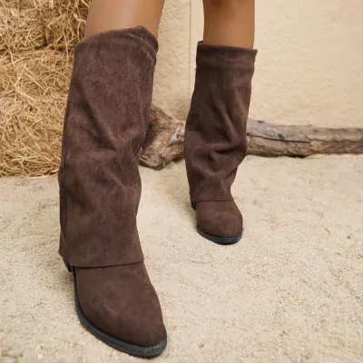 Women Fashion Casual Autumn And Winter Thick Heel Brown Long Tube Boots