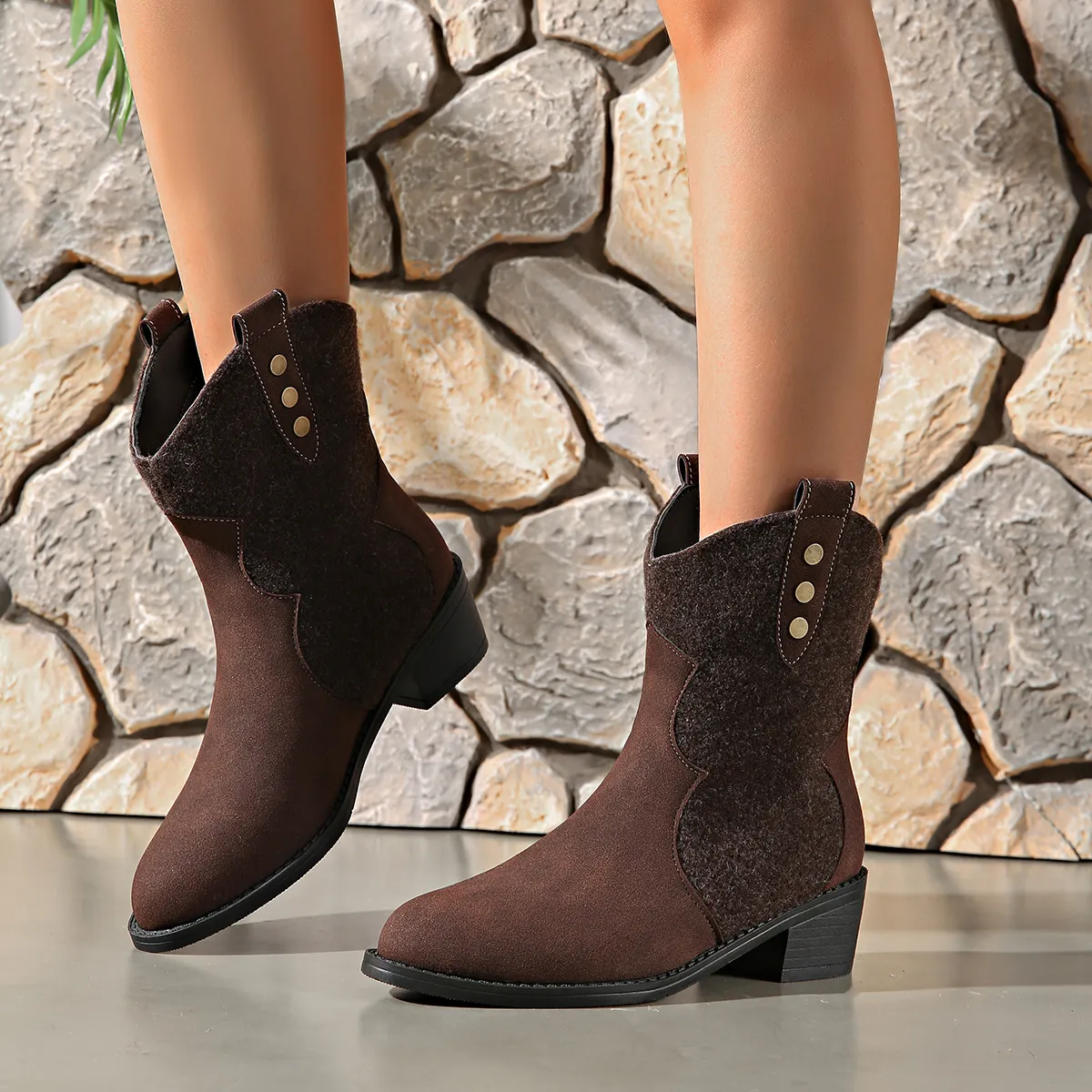 Women Fashion Retro Autumn And Winter Round Toe Thick Heeled Boots
