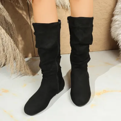 Women Fashion Winter Solid Color Suede Pleated Flat Mid-Calf Boots