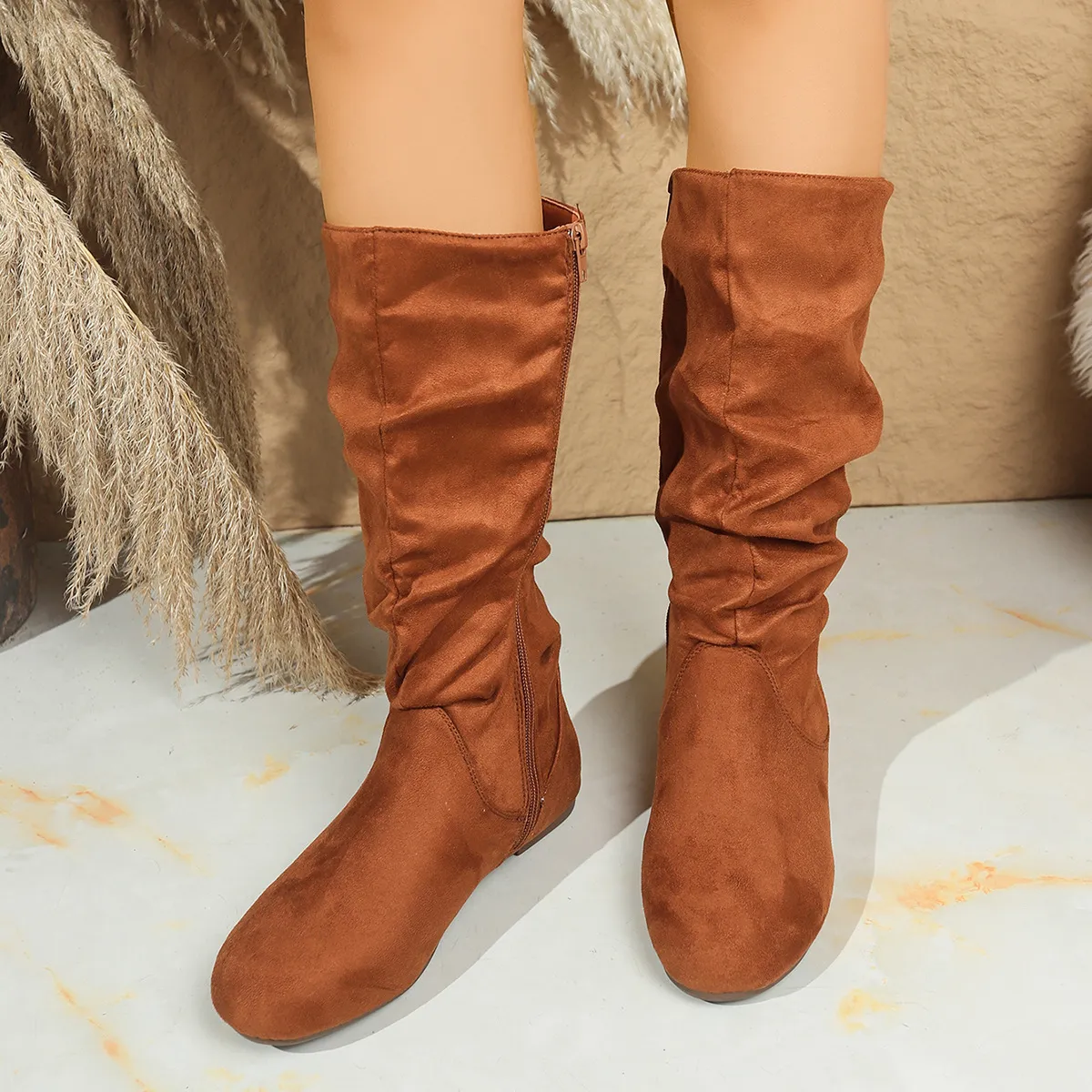 Women Fashion Winter Solid Color Suede Pleated Flat Mid-Calf Boots