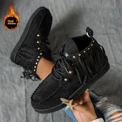 Women Fashion Casual Winter Solid Color Tassel Short Boots