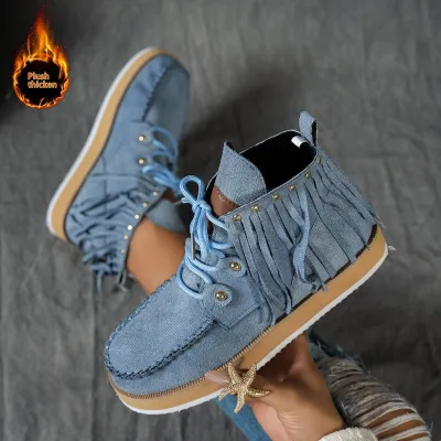Women Fashion Casual Winter Solid Color Tassel Short Boots