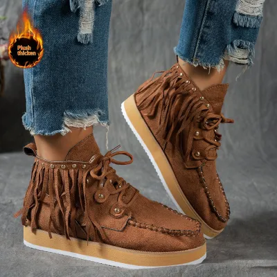 Women Fashion Casual Winter Solid Color Tassel Short Boots