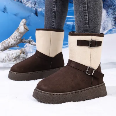 Women Fashion Winter Warm Color-Matching Thick-Soled Slip-On Snow Boots