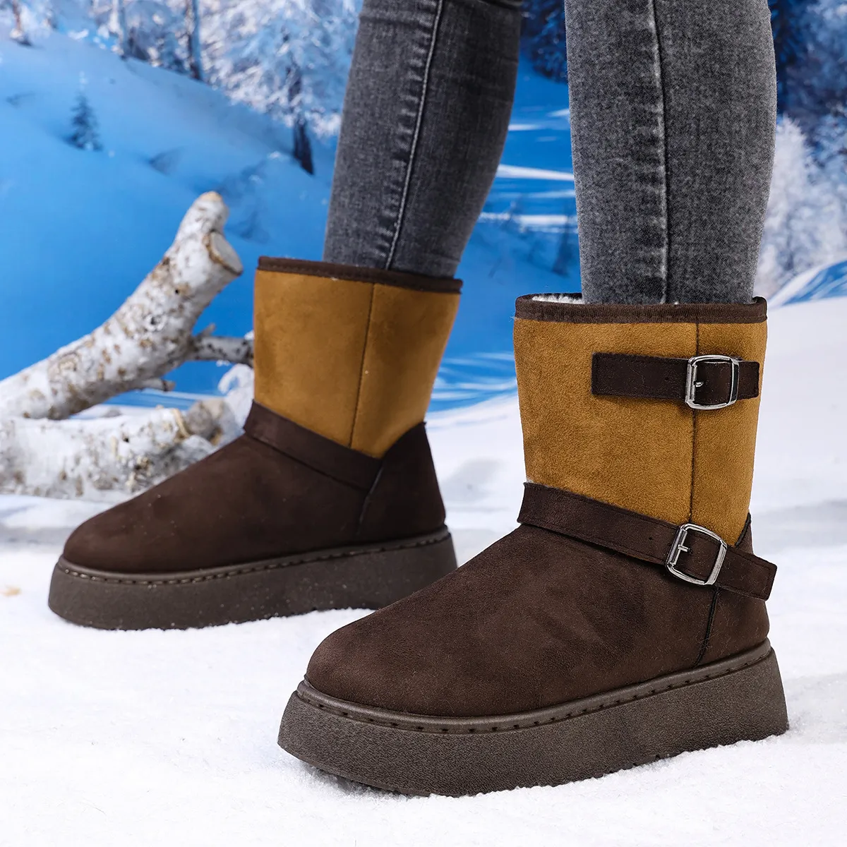 Women Fashion Winter Warm Color-Matching Thick-Soled Slip-On Snow Boots