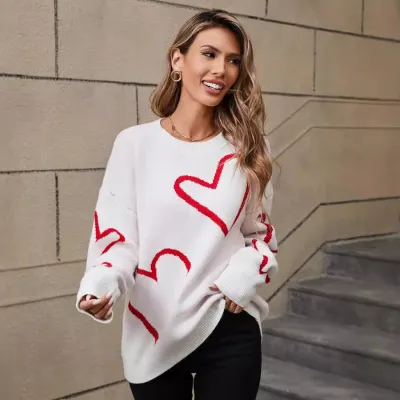Women Fashion Casual Spring Love Jacquard Long-Sleeve Knitted Sweater