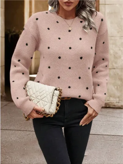 Women Fashion Casual Autumn Polka Dot Print Jacquard Round Neck Long Sleeve Knitted Sweater