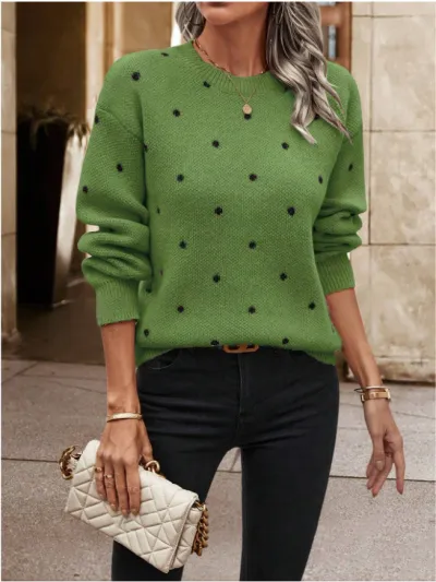 Women Fashion Casual Autumn Polka Dot Print Jacquard Round Neck Long Sleeve Knitted Sweater