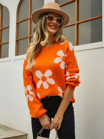 Women Fashion Casual Spring Flower Printed Long-Sleeve Knitted Sweater