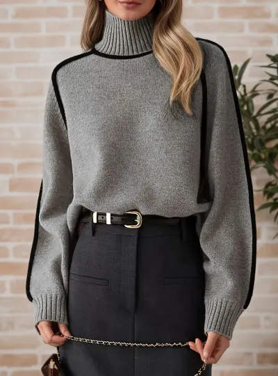 Women'S Fashion Casual Autumn Winter Half High Collar Line Thread Long-Sleeve Knitted Sweater