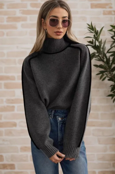 Women'S Fashion Casual Autumn Winter Half High Collar Line Thread Long-Sleeve Knitted Sweater