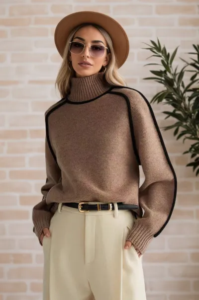 Women'S Fashion Casual Autumn Winter Half High Collar Line Thread Long-Sleeve Knitted Sweater