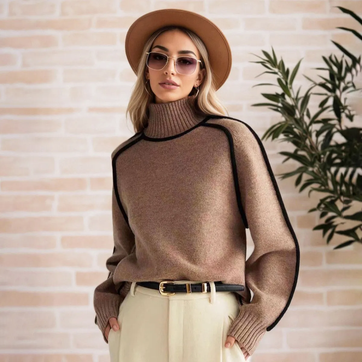 Women'S Fashion Casual Autumn Winter Half High Collar Line Thread Long-Sleeve Knitted Sweater