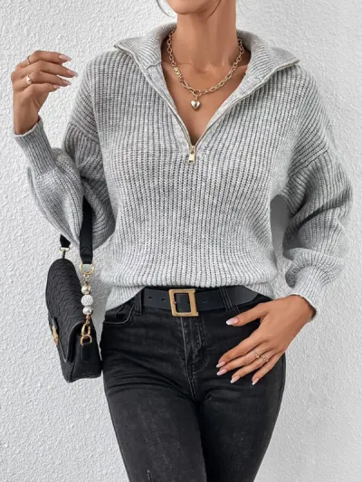 Women Fashion Casual Autumn Winter Solid Color Polo Collar Zipper Long Sleeve Knitted Sweater