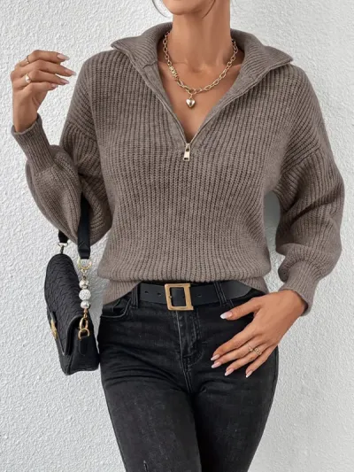 Women Fashion Casual Autumn Winter Solid Color Polo Collar Zipper Long Sleeve Knitted Sweater