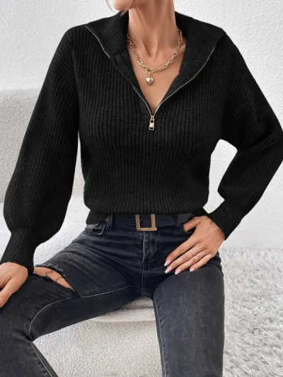 Women Fashion Casual Autumn Winter Solid Color Polo Collar Zipper Long Sleeve Knitted Sweater