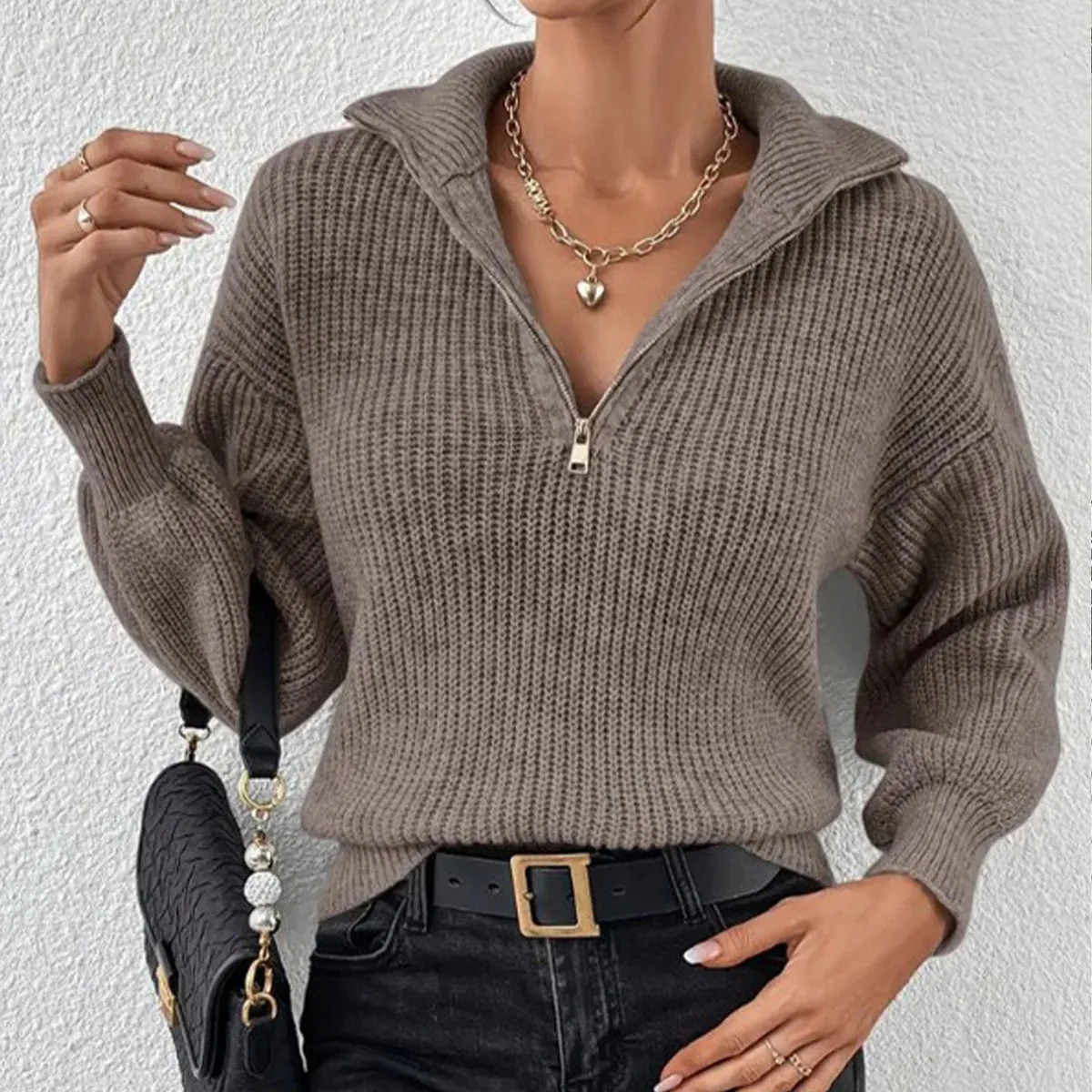 Women Fashion Casual Autumn Winter Solid Color Polo Collar Zipper Long Sleeve Knitted Sweater