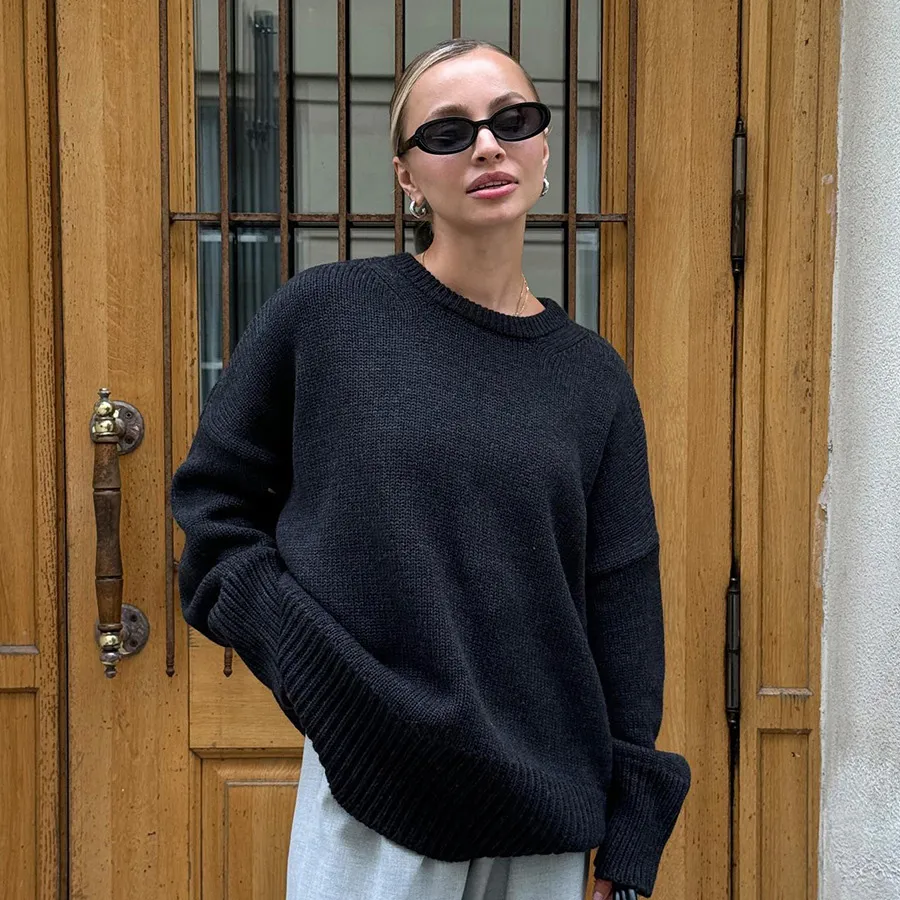 Women Fashion Casual Autumn Winter Simple Solid Color Crewneck Long-Sleeve Knitted Sweater