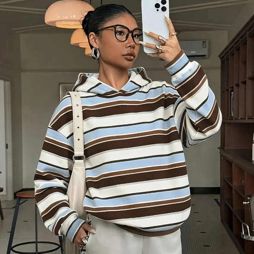 Women Fashion Casual Autumn And Winter Stripe Printed Long Sleeve Hoodies