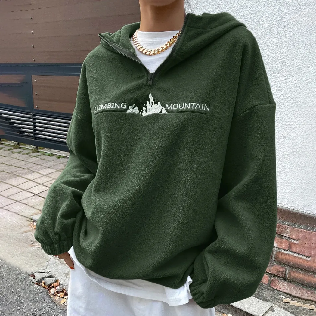 Women Fashion Casual Autumn Embroidered Front Zipper Long-Sleeve Loose Hoodies