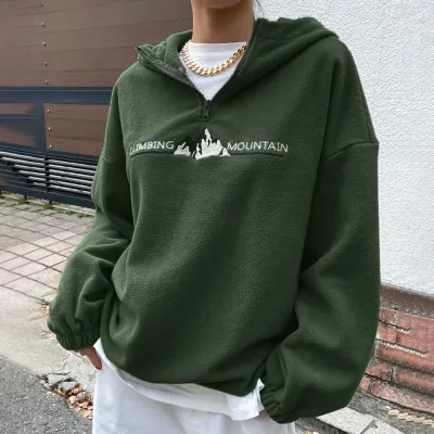 Women Fashion Casual Autumn Embroidered Front Zipper Long-Sleeve Loose Hoodies
