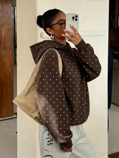 Women Fashion Casual Autumn And Winter Polka Dot Print Long-Sleeve Loose Hoodies