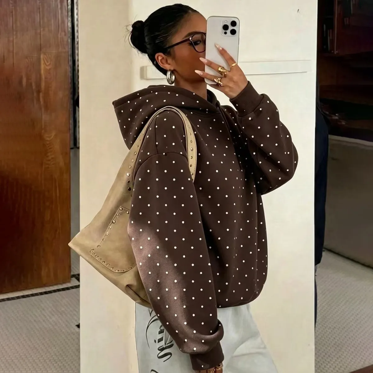 Women Fashion Casual Autumn And Winter Polka Dot Print Long-Sleeve Loose Hoodies