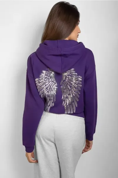 Women Fashion Casual Autumn And Winter Solid Color Wings Beaded Embroidery Long-Sleeve Loose Hoodies