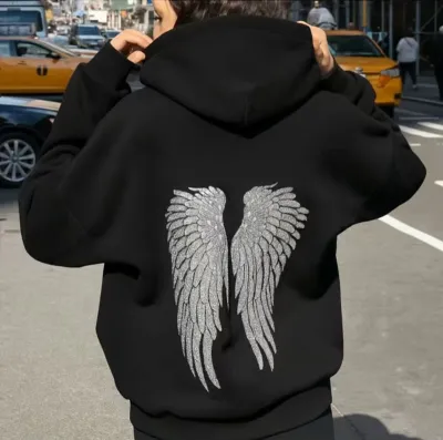 Women Fashion Casual Autumn And Winter Solid Color Wings Beaded Embroidery Long-Sleeve Loose Hoodies