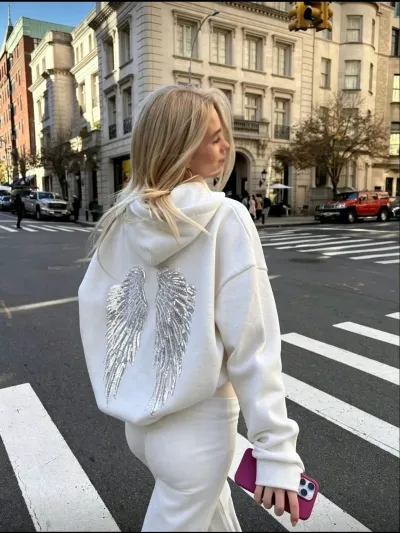 Women Fashion Casual Autumn And Winter Solid Color Wings Beaded Embroidery Long-Sleeve Loose Hoodies