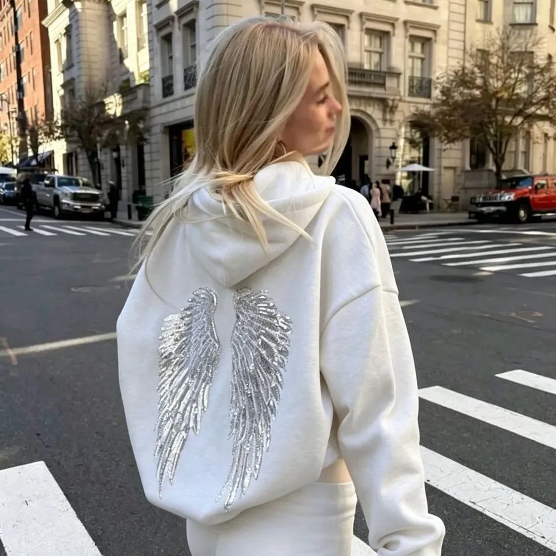Women Fashion Casual Autumn And Winter Solid Color Wings Beaded Embroidery Long-Sleeve Loose Hoodies