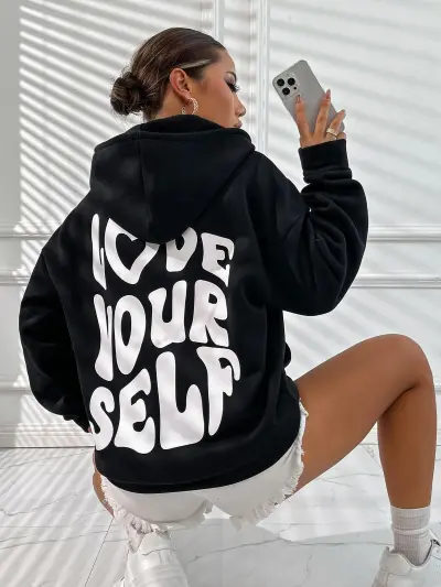 Women'S Fashion Casual Autumn Winter Fleece Letter Print Long-Sleeve Loose Hoodies