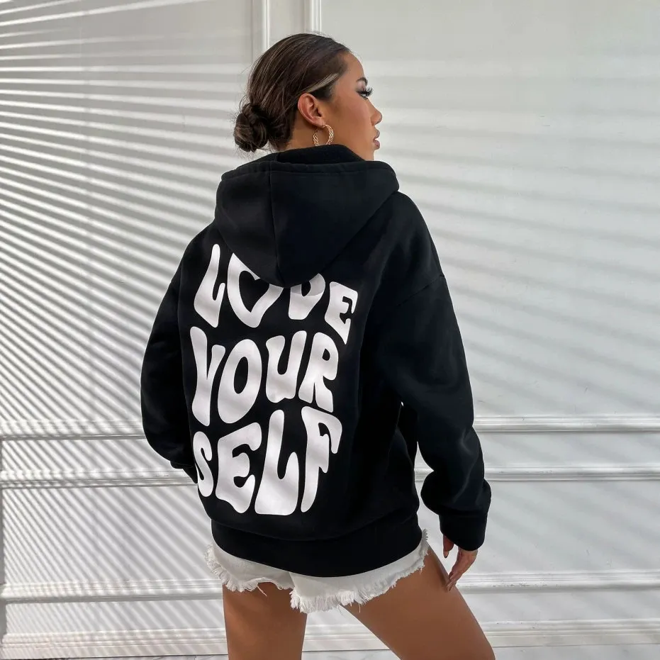 Women'S Fashion Casual Autumn Winter Fleece Letter Print Long-Sleeve Loose Hoodies