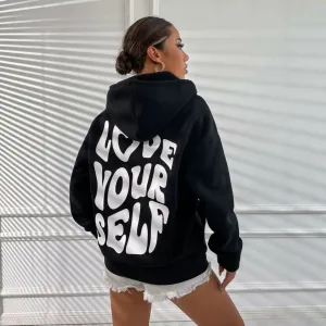 Women'S Fashion Casual Autumn Winter Fleece Letter Print Long-Sleeve Loose Hoodies