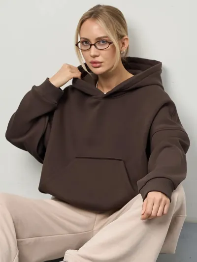 Women'S Fashion Casual Solid Color Long-Sleeve Short Pocket Hoodies