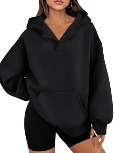 Women Fashion Casual Simple Solid Color Cotton And Fleece V-Neck Long-Sleeve Hoodies