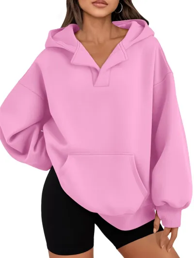 Women Fashion Casual Simple Solid Color Cotton And Fleece V-Neck Long-Sleeve Hoodies