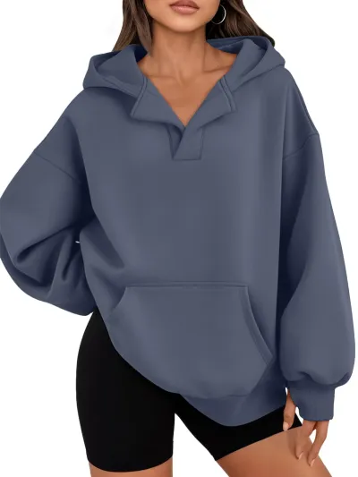 Women Fashion Casual Simple Solid Color Cotton And Fleece V-Neck Long-Sleeve Hoodies