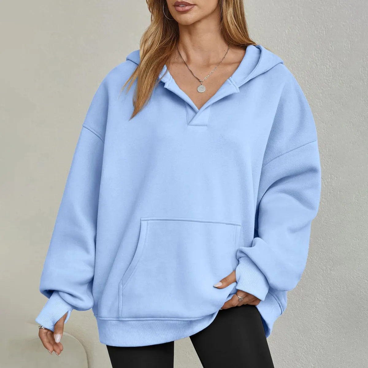 Women Fashion Casual Simple Solid Color Cotton And Fleece V-Neck Long-Sleeve Hoodies