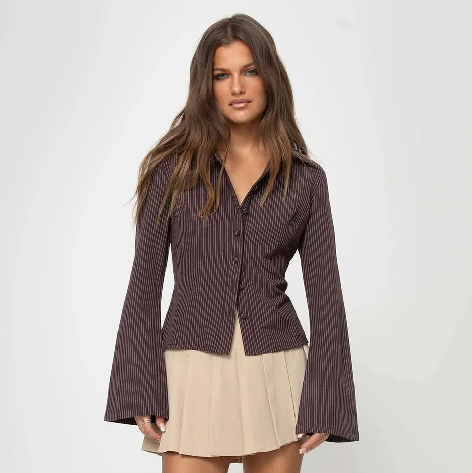 Women Fashion Sexy Stripe Lapel Trumpet Long-Sleeve Slim-Fit Blouse