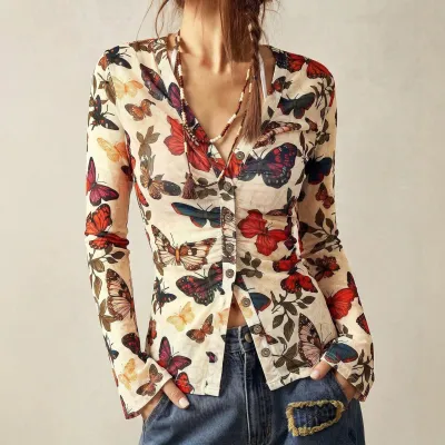 Women Fashion Retro Butterfly Printed V-Neck Long Sleeve Slim Fit Pleated Blouse