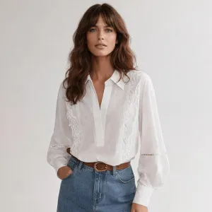 Women Fashion Elegant Hollow Embroidered Lace Stitching Lapel Long-Sleeve Loose Blouse